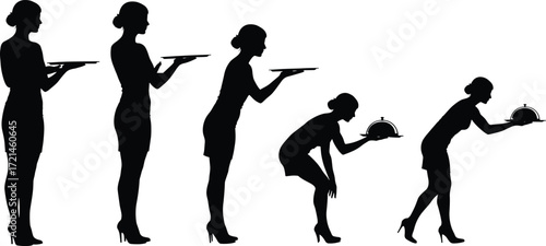 Silhouette of waitress holding tray, serving food, restaurant service, catering staff, hospitality worker, dining service, professional server, hotel service, food industry, job