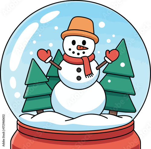 Cheerful snowman in a festive snow globe with evergreen trees and falling snow.