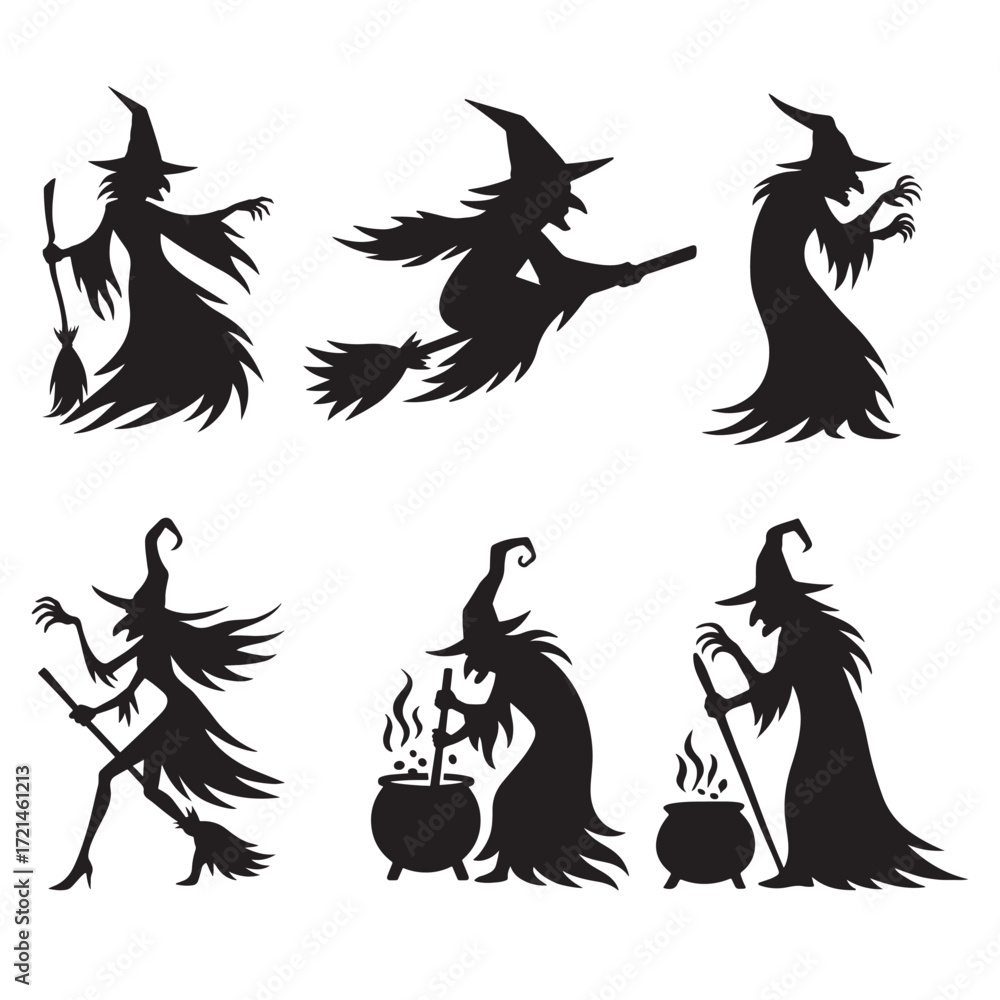 Fototapeta premium Halloween Witch Silhouette Casting Spell with Magic Wand