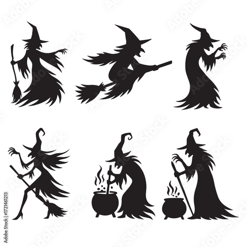 Halloween Witch Silhouette Casting Spell with Magic Wand