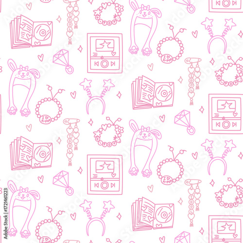 Doodle pattern color k-pop. Seamless texture with bright elements of Korean music trends. Bijouterie bracelet, hair clip, hat, headband with stars, music playlist. Glitter, hearts, K POP FAN in cloud