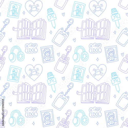 Doodle pattern color k-pop. Seamless texture with bright elements of Korean music trends. Korean flag in heart, photo keychain, album, headphones, photo card, microphone. Glitter, hearts, K POP cloud
