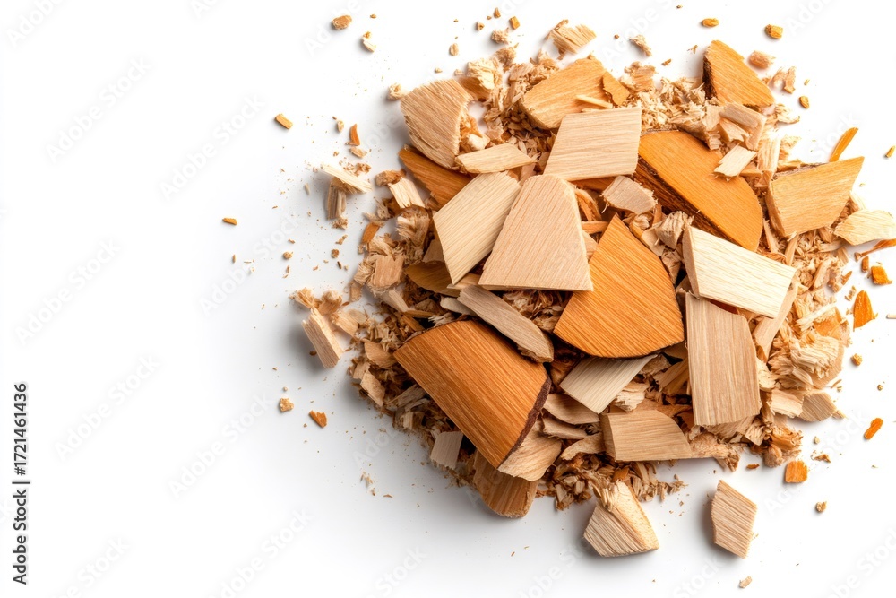 Fototapeta premium Wood chips and shavings scattered on white background