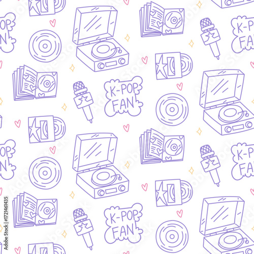 Doodle pattern colored k-pop. Seamless texture with bright elements of Korean music trends. Album with disc, record, record player, microphone. Glitter, hearts, K POP FAN in a cloud