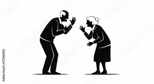 Elderly couple in silhouette arguing with raised hands and expressive gestures, representing conflict or disagreement.