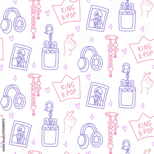 Pattern K-pop style doodle. Seamless texture with bright elements of Korean music trends. Photo card, keychain, heart, pens, hair clip, purple and pink headphones. Sequins, hearts, K-POP in a cloud