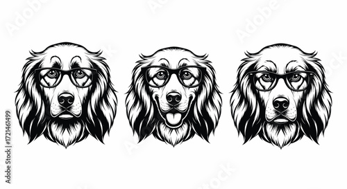Three stylish dogs wearing glasses, representing a smart and sophisticated look.