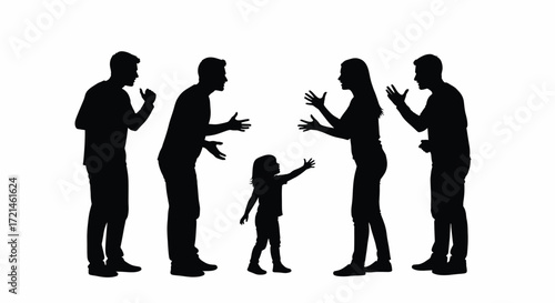 Diverse group of people in silhouette interacting with a child