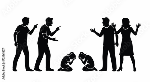 Adults arguing while children cry in distress, illustrating family conflict and emotional turmoil.