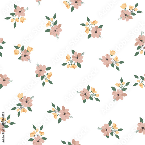A delicate pattern of small pink and yellow floral clusters scattered across a white background.