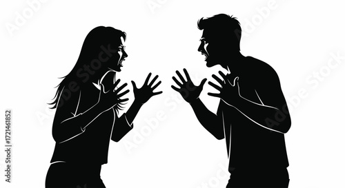 Silhouettes of a man and woman arguing intensely, their hands outstretched in frustration.