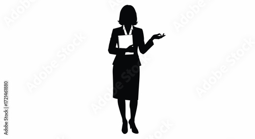 Professional woman in silhouette holding a document and gesturing confidently.