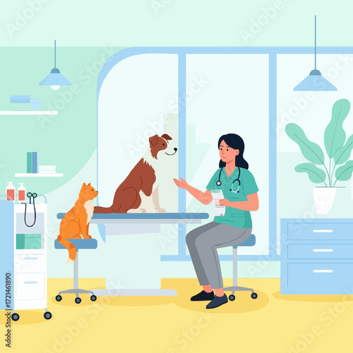 Female veterinarian providing a medical check-up for a dog and a cat in a bright, modern veterinary clinic, showcasing professional pet care