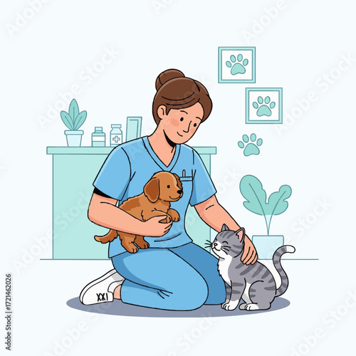 Compassionate female veterinarian in scrubs providing gentle care for a cute puppy and a friendly cat in a modern clinic