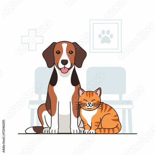 Happy beagle dog and ginger tabby cat sitting together in a veterinary clinic waiting room. Pet health care and animal friendship concept illustration