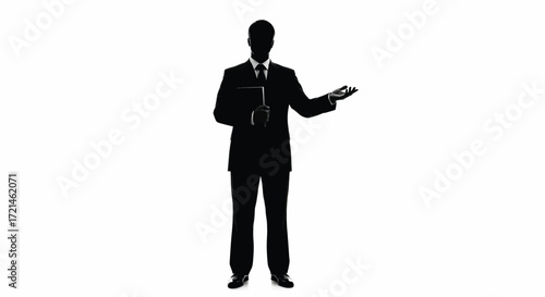 Silhouette of a man in a suit presenting an idea with a confident gesture