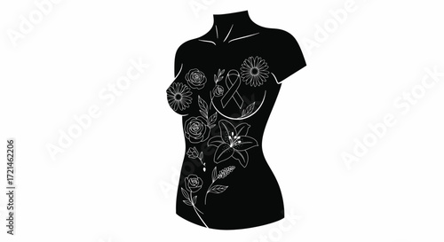 Elegant black mannequin torso adorned with delicate floral line art and a subtle awareness ribbon