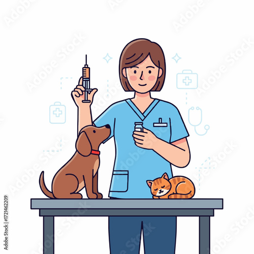A caring veterinarian in scrubs administers a vaccine to a pet dog and cat, emphasizing animal wellness and health