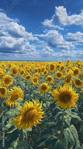 An Inviting Panorama: A Stnning Field of Sunflowers apturing the Essence of Naure's Beauty and the Joyfu Radiance of Golden Blossos in Full Bloom Under the unlit Sky