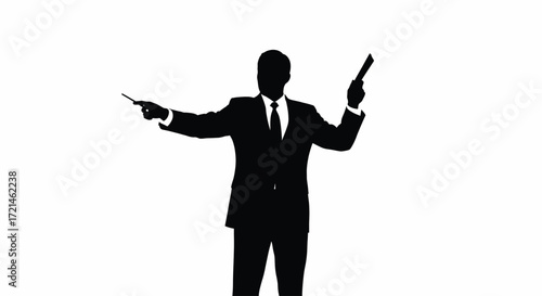 Mysterious silhouette of a man in a suit holding two guns, suggesting action or danger.