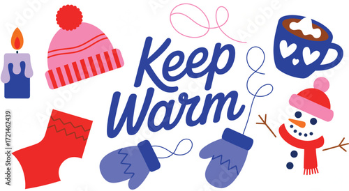 Cozy winter illustration with warm drinks, hats, and mittens to keep you snug.