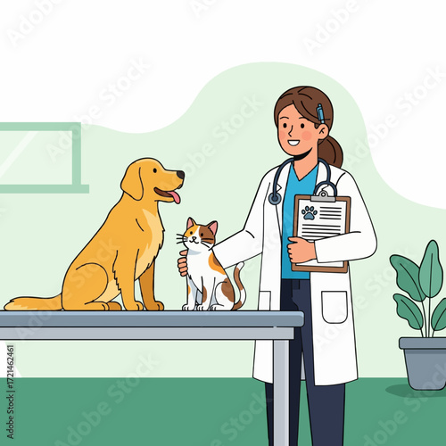 Illustration of a veterinary professional offering expert care and checkups for beloved pets in a modern clinic setting