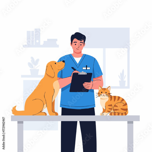 Professional veterinarian performing a medical checkup on a friendly dog and cat sitting on an examination table in a clean clinic