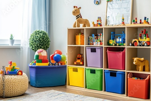 Colorful children playroom with organized storage bins filled with toys, stuffed animals, and building blocks creating cheerful and tidy environment