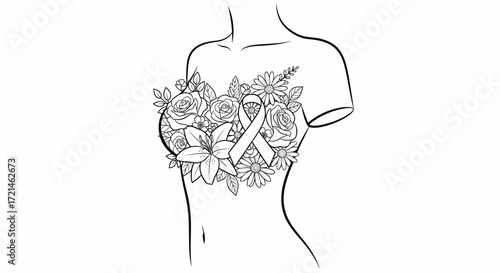 Delicate floral arrangement adorns a woman's torso with a symbol of hope and awareness