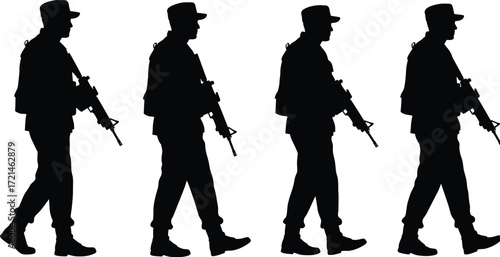 Soldier silhouette illustration, military man walking with gun, armed forces vector, army guard patrol graphic, war security design, combat art