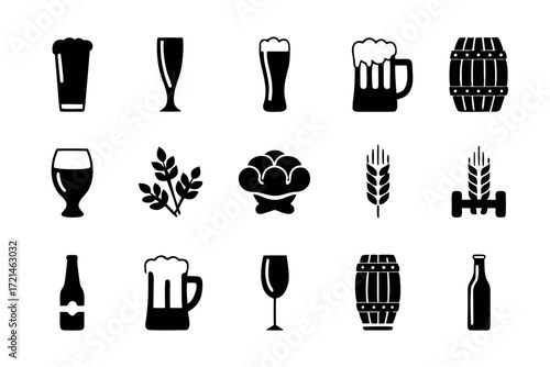 Collection of beer icons, including beer glass, mug, barrel, bottle, wheat, hop, and other brewing and drinking related elements