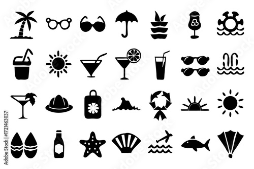 Collection of summer icons, including sunglasses, palm tree, cocktail, sun, starfish, flippers, and other beach and vacation related elements