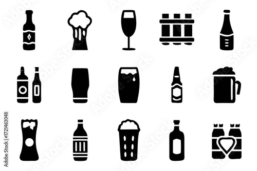 Collection of beer icons, including beer glass, mug, barrel, bottle, crate, and other brewing and drinking related elements