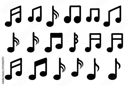 A collection of various musical notes in black silhouette, , representing different rhythms and melodies in music theory