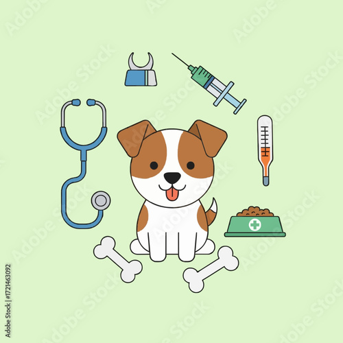 Illustration of a happy puppy at a veterinary clinic with essential pet care equipment. Medical check-up and animal healthcare concept with flat design elements