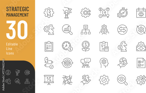 Strategic Management line Editable Icons set. Vector illustrations in a modern, thin line style of business related icons: business strategy, organization, decision, and more. 