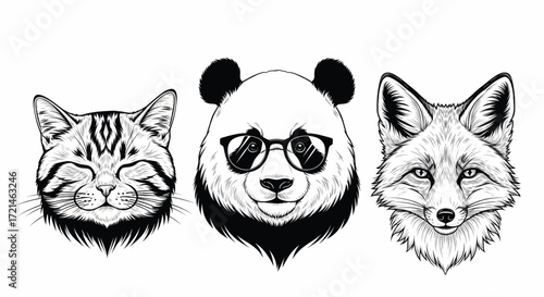 Three distinct animal portraits: a happy cat, a cool panda with sunglasses, and a curious fox.