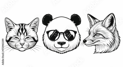 Three diverse animal portraits: a contented cat, a cool panda with sunglasses, and a watchful fox.