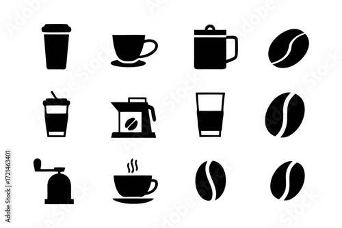 Collection of black and white coffee icons featuring various coffee drinks, brewing equipment, and coffee beans in a simple style
