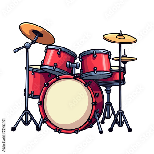 Red drum kit. Cartoon style. Isolated transparent background.