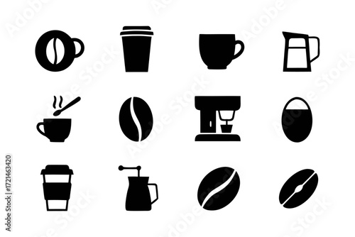 Collection of black and white coffee icons featuring coffee beans, cups, and brewing equipment in a minimalist style