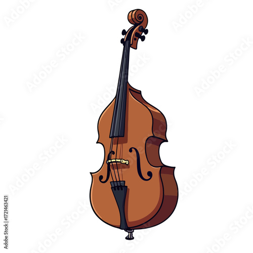 Cartoon-style brown double bass with bold outlines, Isolated transparent background.