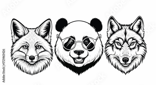Three stylized animal portraits: a fox, a panda wearing sunglasses, and a wolf, presented in a graphic, black and white style.