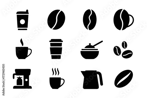 Coffee icons set, featuring coffee beans, cups, pot, and sugar bowl, perfect for cafe menus and coffeerelated designs
