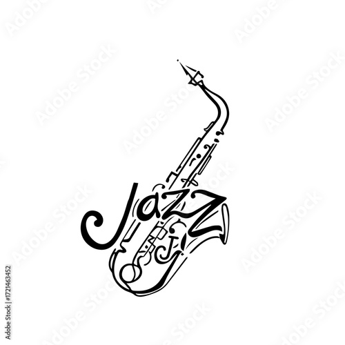 A simple and minimalist black and white logo design for a jazz party, text combined with a saxophone, isolated transparent background