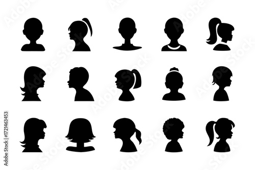 Collection of diverse head silhouette icons, showcasing various hairstyles and profiles for avatar and representation purposes