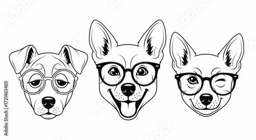 Three stylish dogs wearing glasses, showcasing a friendly and intelligent canine trio.