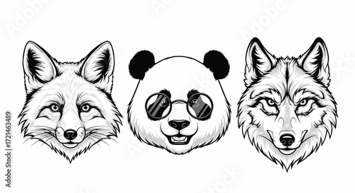 Three distinct animal faces, a fox, a panda wearing sunglasses, and a wolf, presented in a stylized, graphic manner.