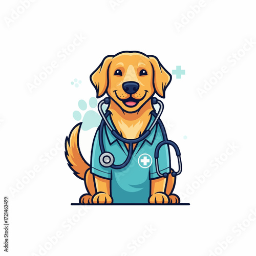 Adorable veterinarian dog character illustration, a smiling puppy mascot for a pet clinic or animal hospital, promoting pet wellness and care