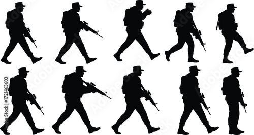 Soldier walking silhouette, military man with gun, armed forces patrol vector, army troop defense illustration, war security guard design